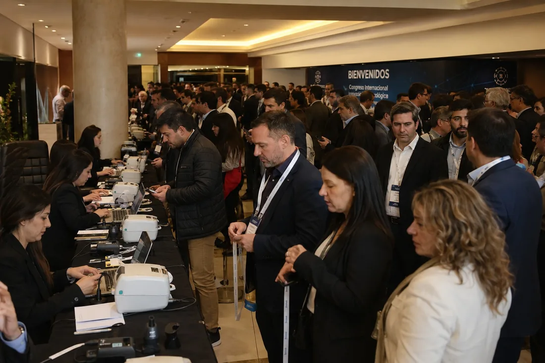 Mesa de acreditación de un congreso con cola de asistentes esperando