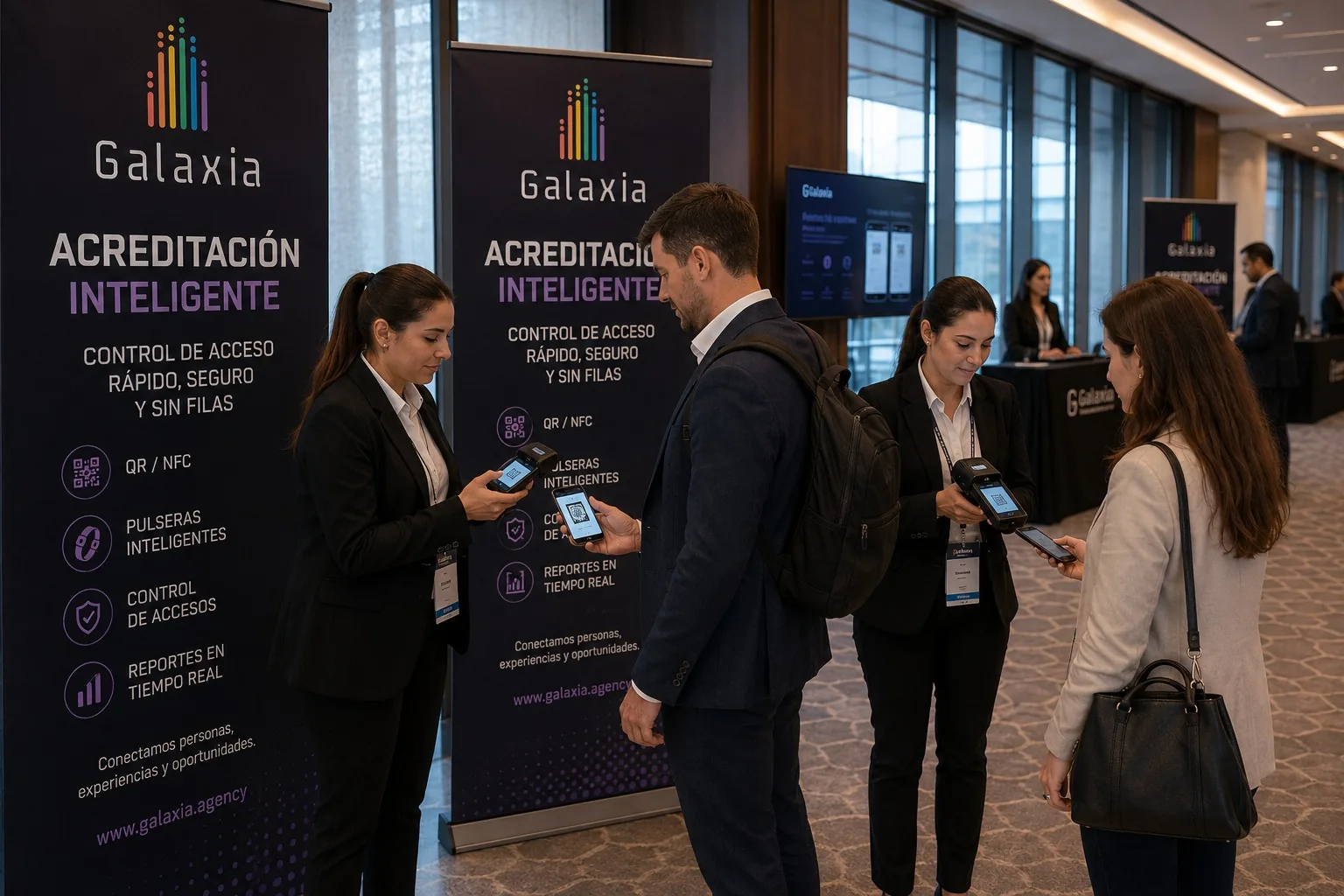 Staff de Galaxia acreditando invitados junto a banners de la marca