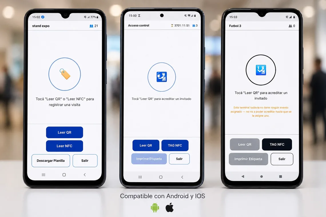 Tres teléfonos mostrando la interfaz de la terminal de acreditación