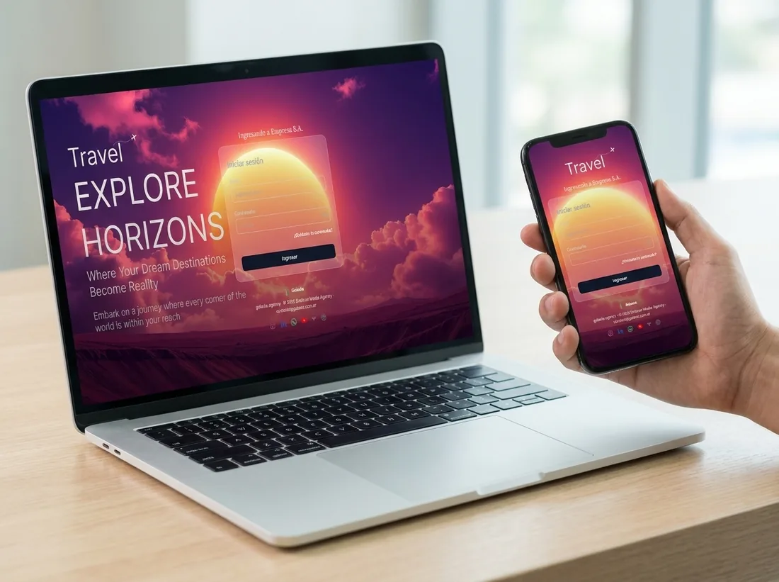 Formulario de inscripción de otro cliente, con su identidad visual, en notebook y celular