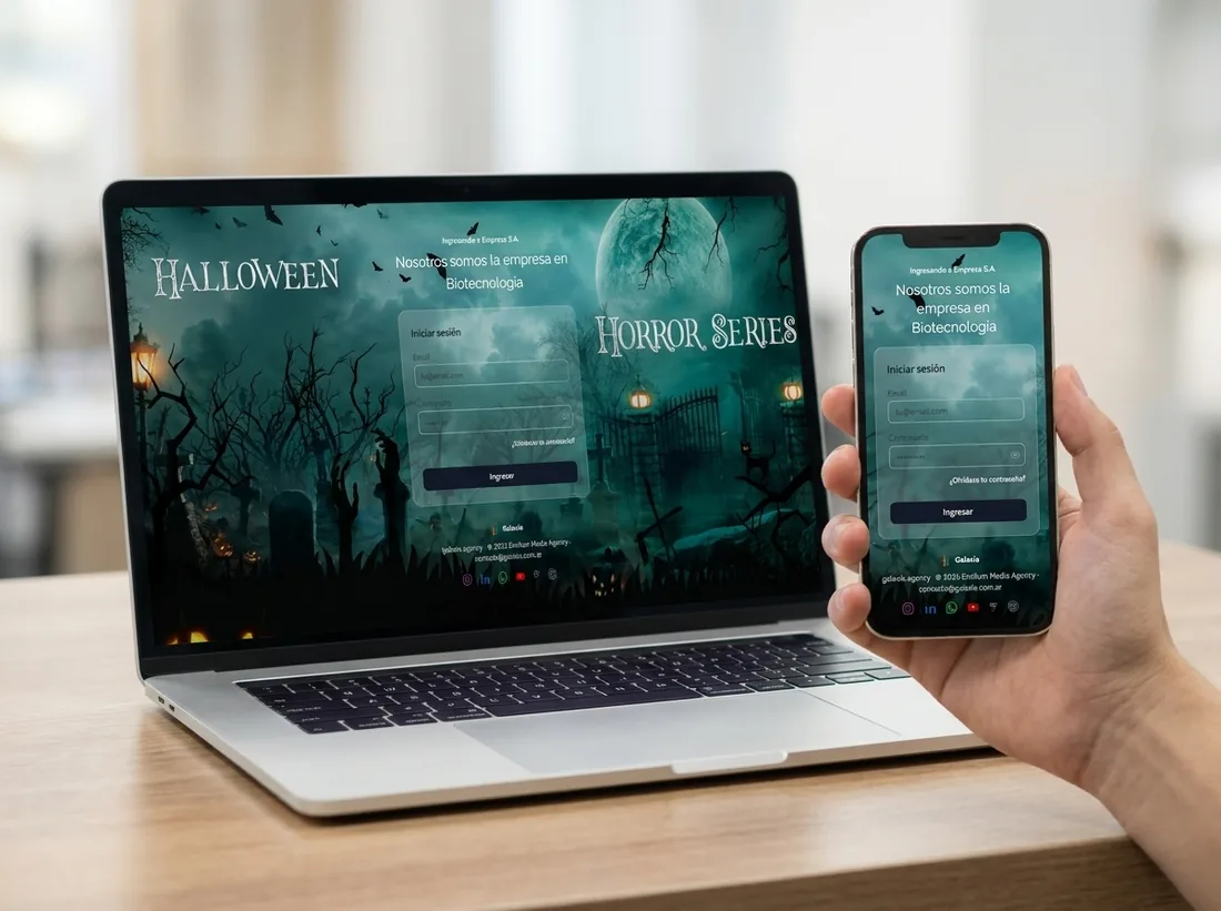 Formulario de inscripción de un evento temático, con la identidad del cliente, en notebook y celular