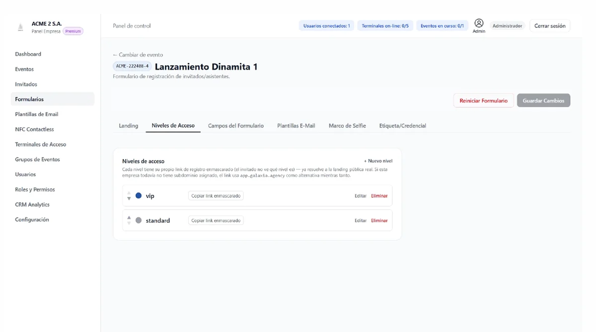 Panel de Galaxia: configuración de niveles de acceso por categoría